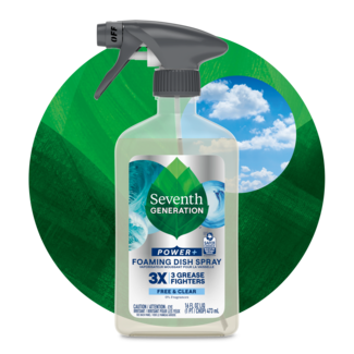 Foaming Dish Spray Free and Clear Front of Bottle on leaf background